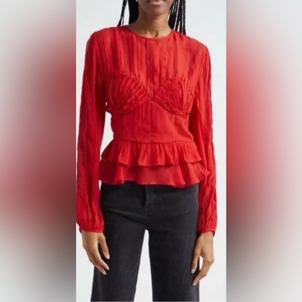 FARM Rio | Red Pleated Shell Blouse | Peplum Bustier Top | L | NWT